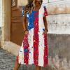 Women’s Short Sleeve Loose Fit Maxi Dress with Star and Stripe Print Casual Round Neck Summer Dress with Pockets