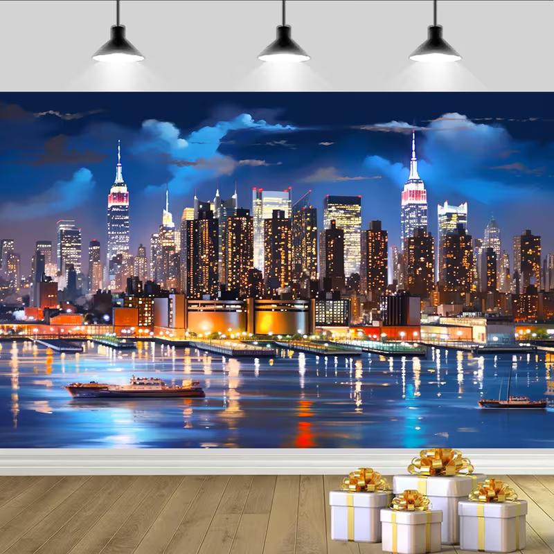 New York Waterfront Cityscape Tapestry, Urban Skyscraper Backdrop for Living Room Decor