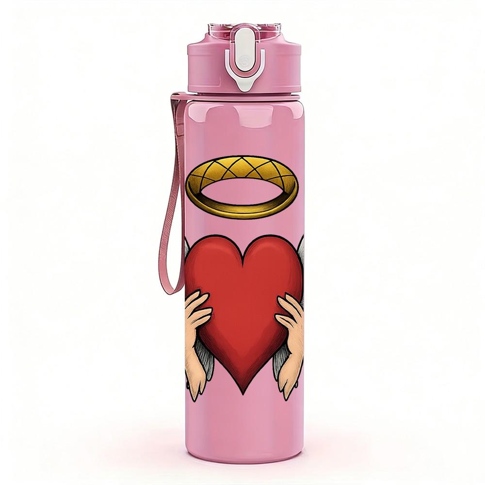 1PC Angel Wing Sacred Heart Pattern 750ml Color Plastic Sports Water Bottle Leakproof Flip Straw Lid Suitable for Sports Office Home Use