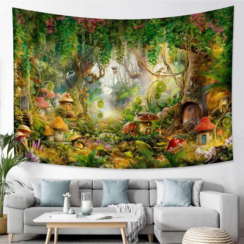 Fantasy Wald Wandteppich Verzauberter Pilz Magischer Wandteppich Märchen Wunderland Baumhaus Wandteppiche Wandbehang Kunst Für Kinder