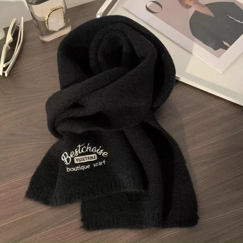 Soft Warm Knitted Winter Scarf With Red Bow Embroidery Cozy Fabric For Daily Wear Cold Weather Outdoor Activities