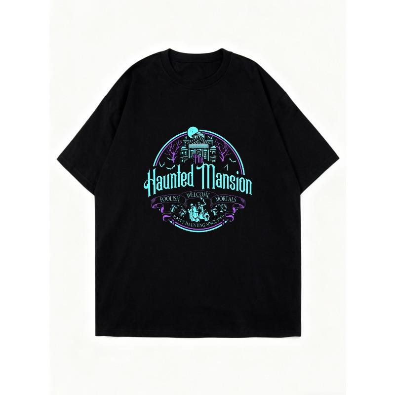 Black Oversized T Shirt With Haunted Mansion Graphic And Text For Casual Wear