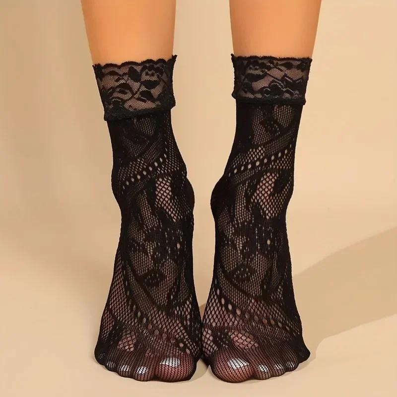 5 Paar Blumen-Spitzensocken Dünne Atmungsaktive Kurze Socken Sommer Netz Lolita Fischernetz Damenstrümpfe Strumpfwaren