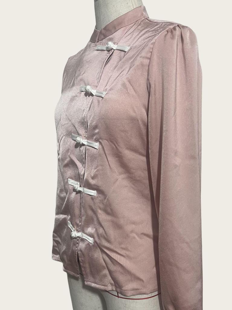 Women's Retro Stand Collar Frog Button Long Sleeve Top – Loose Fit