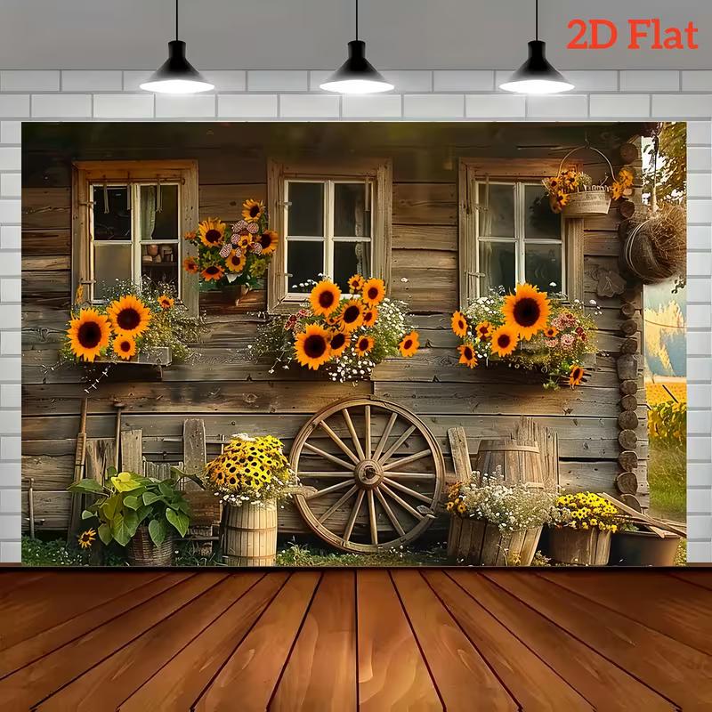 Telo di Sfondo Fotografico 2D per Fattoria di Campagna con Girasoli e Dettagli in Legno