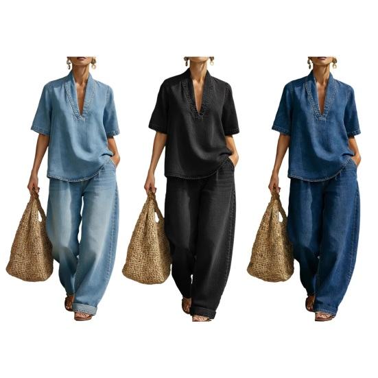 Dam Sommar 2-delat Jeansset Kortärmad Krage V-ringad Topp Och Vida Byxor Träningsdräkt Casual Semesterkläder med Fickor
