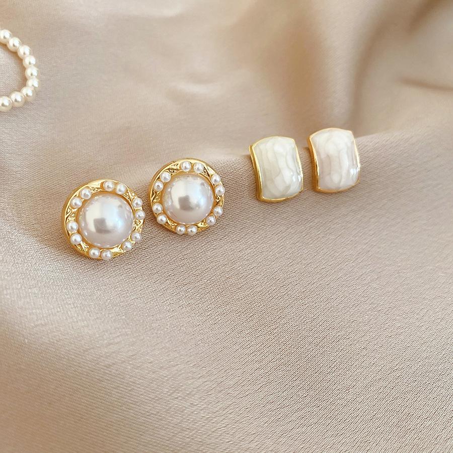 6/10/12 Pcs Simulated Pearl Round Square Stud Earrings Small French Elegant Daity Ear Studs for Women Daily Jewelry Sets F