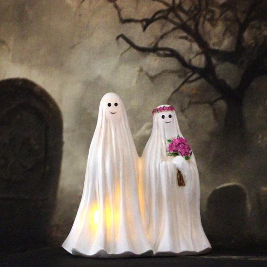 Halloween Glowing Ghost Bride Groom Statue Soft Warm Glow Spooky Outdoor Indoor Night Light Holiday Party Decoration