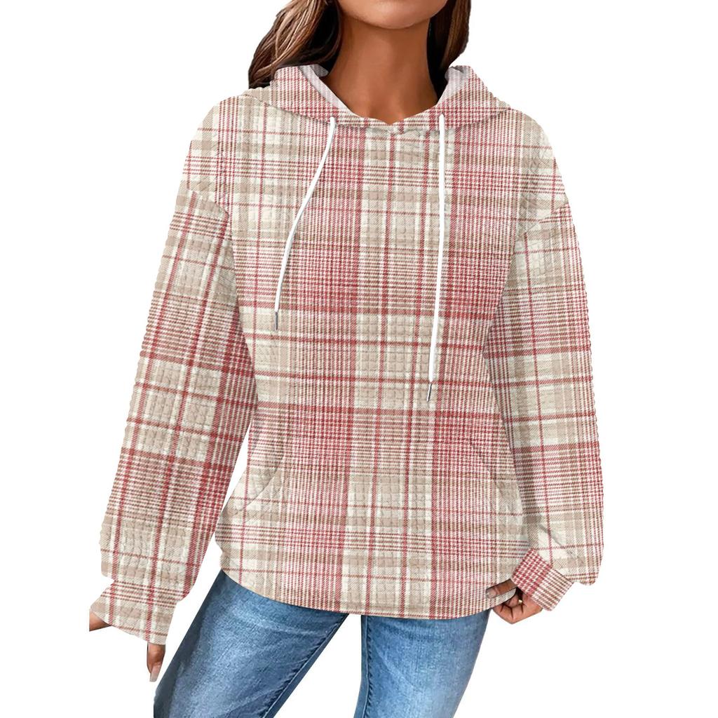 Women's Fashion Loose Hooded Pullover Long Sleeve Plaid Sweatshirt with Drawstring Drop Shoulder and Pocket Print Top