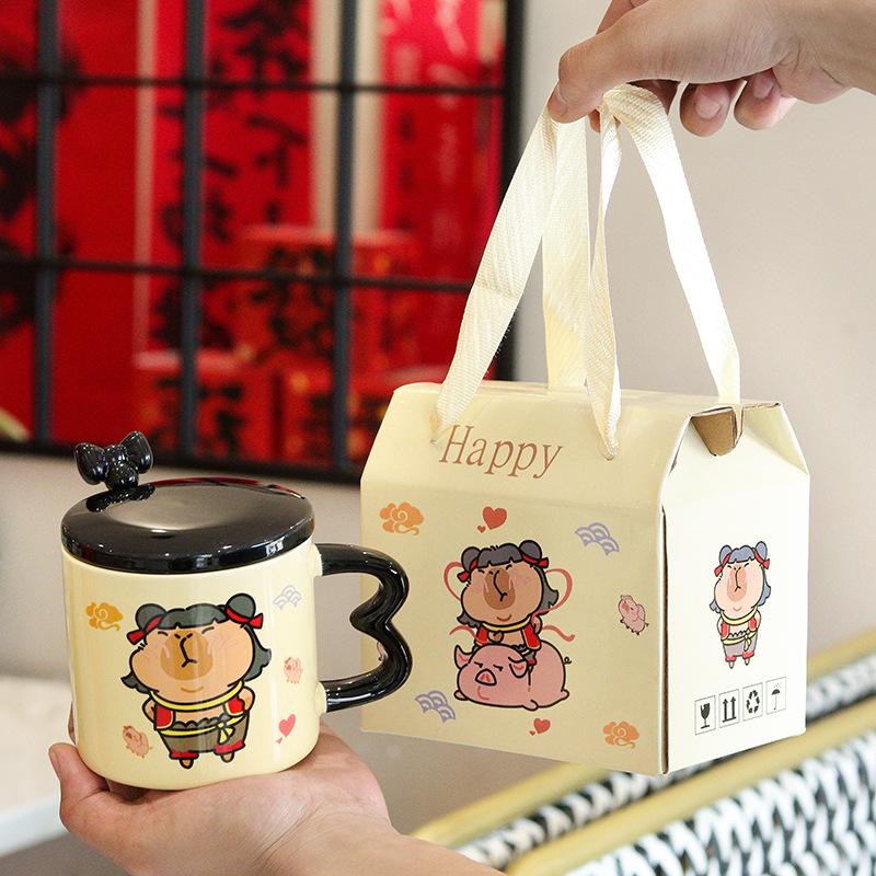 Kreative und interessante Nezha-Tasse mit Deckel und Löffel, hochwertige Haushaltsbecher, niedliche Keramiktassen, Wasserbecher, Geschenkbox-Set