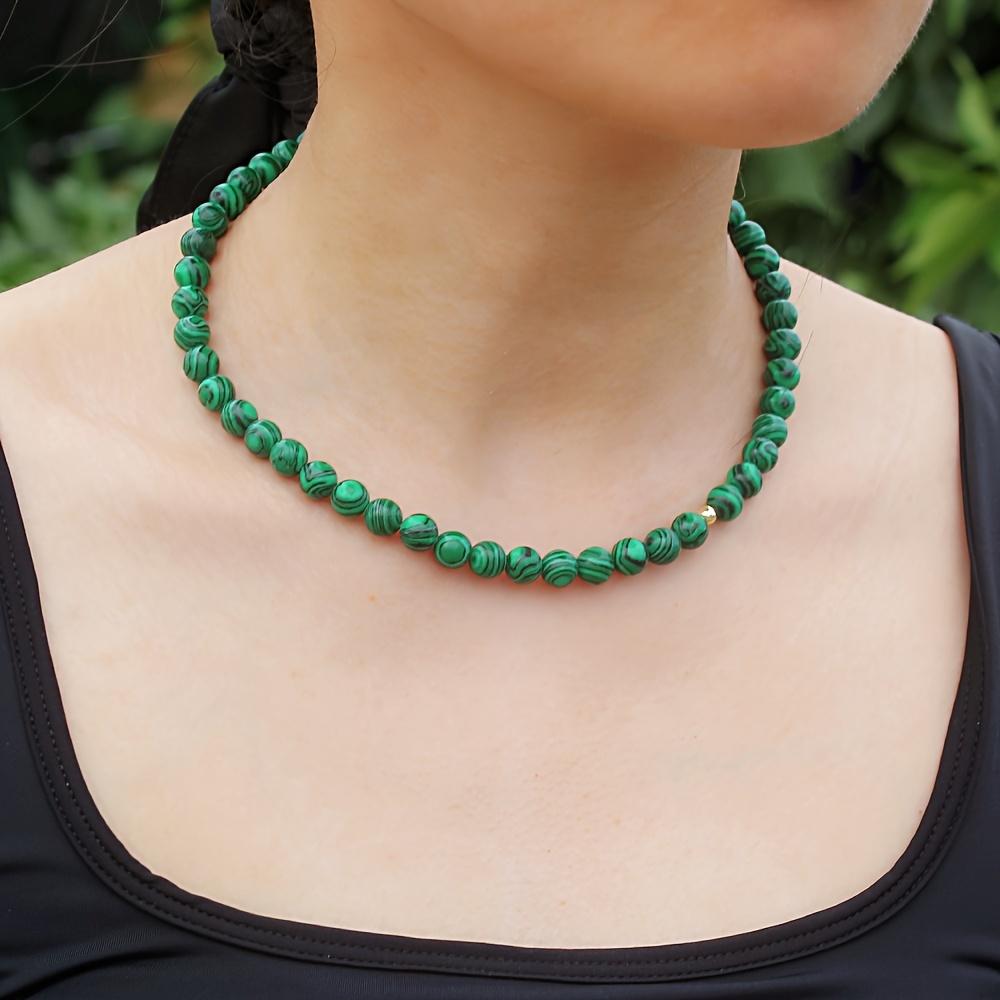 Malachite Beaded Choker Necklace with Gold Accents – Natural Stone Protection Jewelry for Women, Dainty Boho Gift
