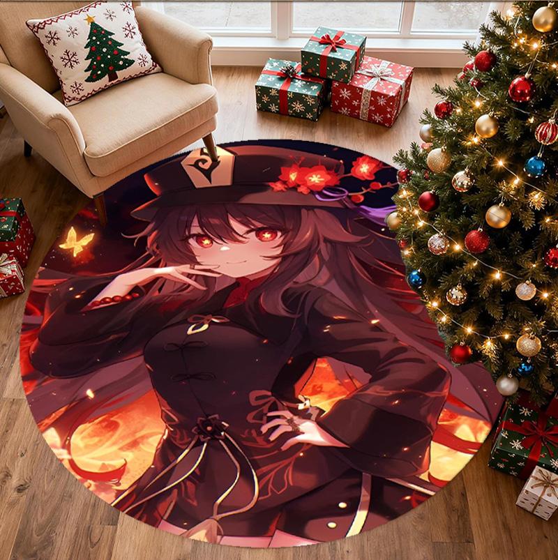 Genshin Impact Pattern Round Rug, Indoor/Outdoor Mat, for Picnic, Gameroom, Bedroom, Office, Living Room, Home Decor Carpet, Birthday Gift