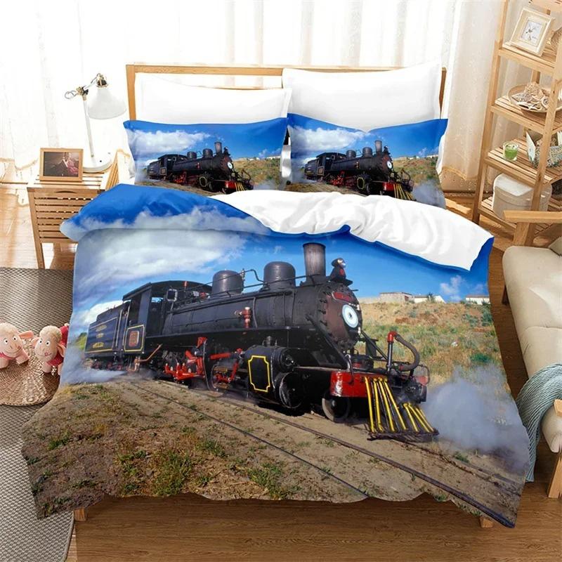 3D Train Steam Engine Bedding Set King Queen Twin Size Duvet Cover Comforter Set for Boys Girls Adults