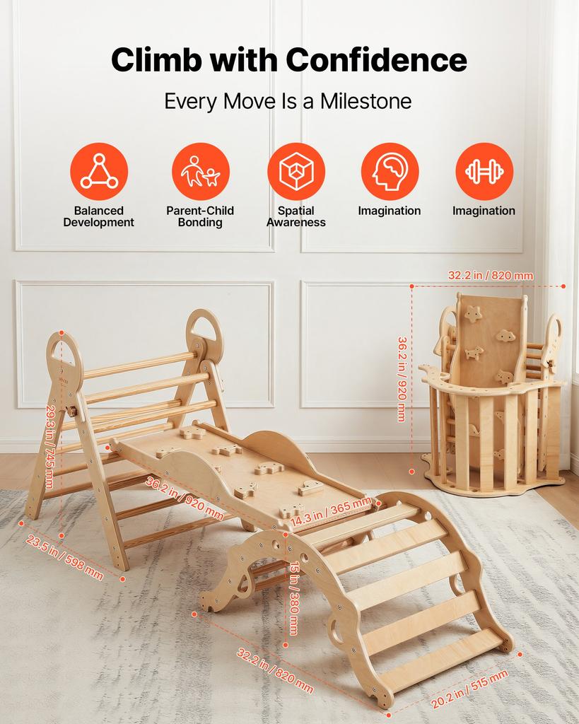 VEVOR Pikler Triangle Set, 9-in-1 Toddler Climbing Toys Indoor, with 2 Wooden Cars, Cushion, Triangle, Arch, and Ramp, 68 Kg Load