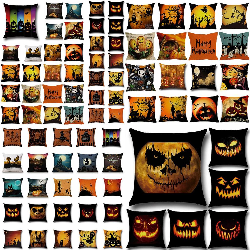 Halloween Witch Castle Linen Throw Pillow Case With Invisible Zipper And Pumpkin Pattern