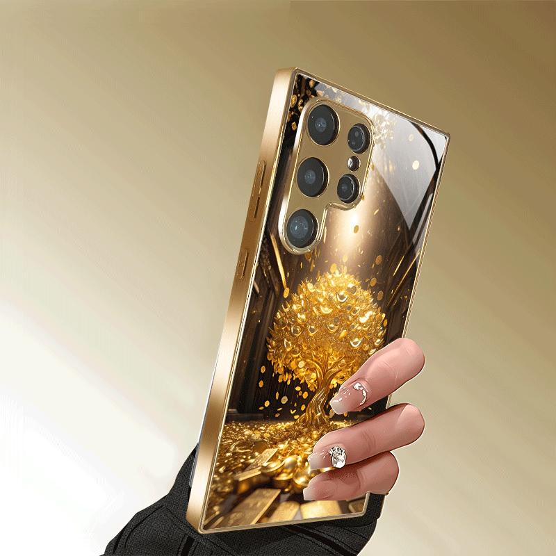 Vergoldete gehärtete Glas-Handyhülle, kompatibel Galaxy S26 S25 S24 S23 S22 Ultra Plus. Verfügt über ein dreilagiges Muster in Gold.