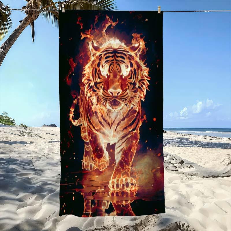 Serviette de plage motif Art Tigre de Feu, Serviette de plage super absorbante, Tendance pour le Nouvel An, Confortable et pratique, Séchage rapide