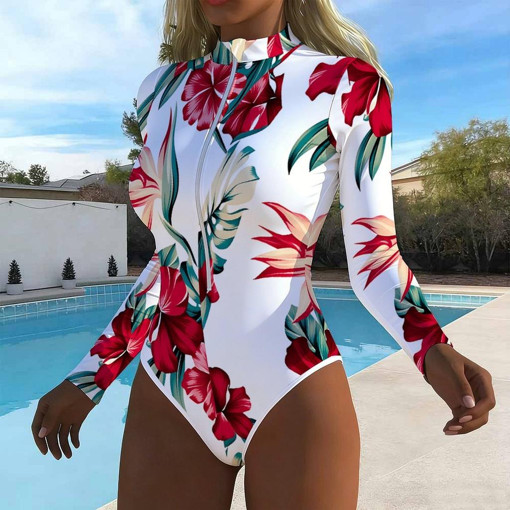 Women Long Sleeve One Piece Swimsuit Zip Front Seaside Scenery Print Rash Guard Surfing Bathing Suit