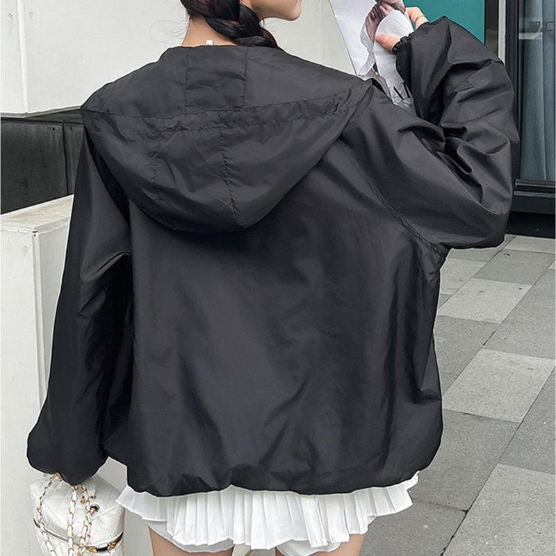 Women's Breathable Sunwear Solid Color Hooded Loose Long Sleeve Zipper Thin Jacket