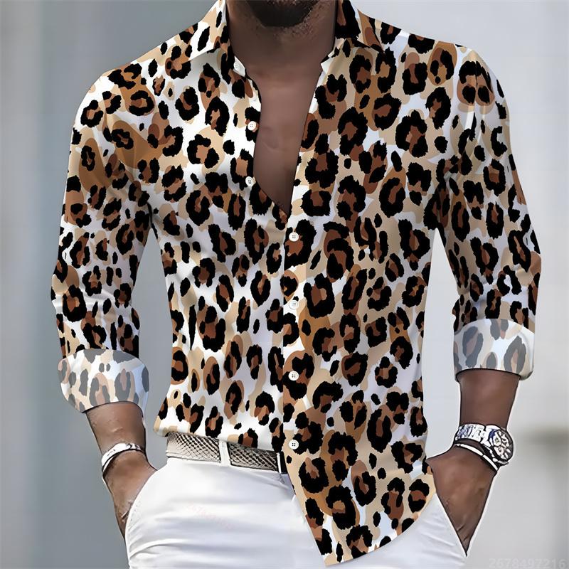 New Men's Leopard Print Long-Sleeved Shirt, Trendy Retro Slim-Fit Turn-Down Collar Casual and Stylish Men's Shirt, Sizes S-6XL.