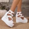 Women's White Faux Cover Wedge Sandals - 12cm Extra High Heel, Peep Toe with Cut-Out Design, Glossy Finish, Back Zipper Closure for Casual