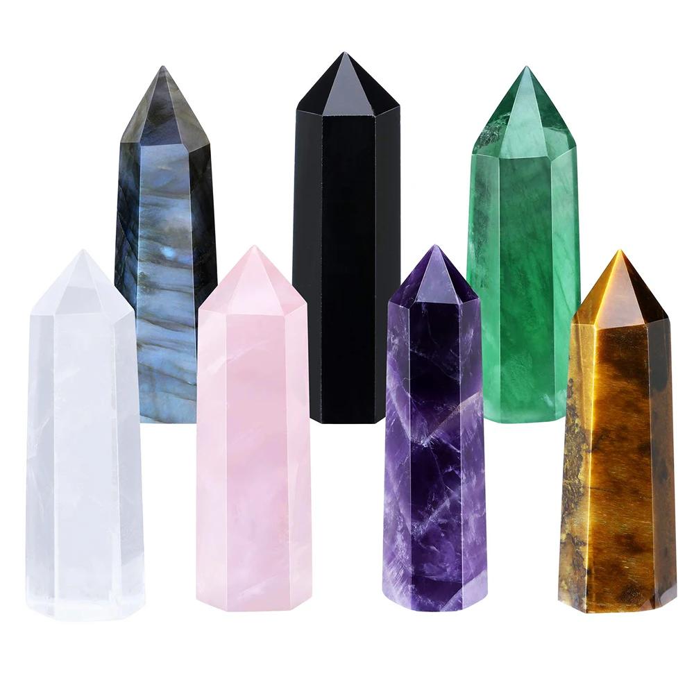 1Pc Natural Stones Crystal Single Point Tower Amethyst Green Fluorite Healing Stone Energy Ore Mineral Hexagonal Home Ornaments