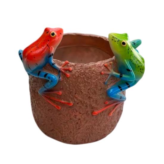 Resin Plant Pot with 2 Frogs On Rim Decorative Flower Pot with Drainage Hole for Home Office Desk Garden Indoor Outdoor Decor