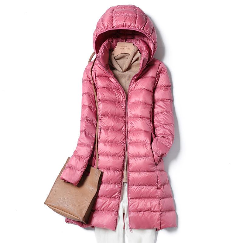 Women Fall Winter Stand Collar Hooded Solid Color Zipper Long White Duck Down Jacket M-5XL
