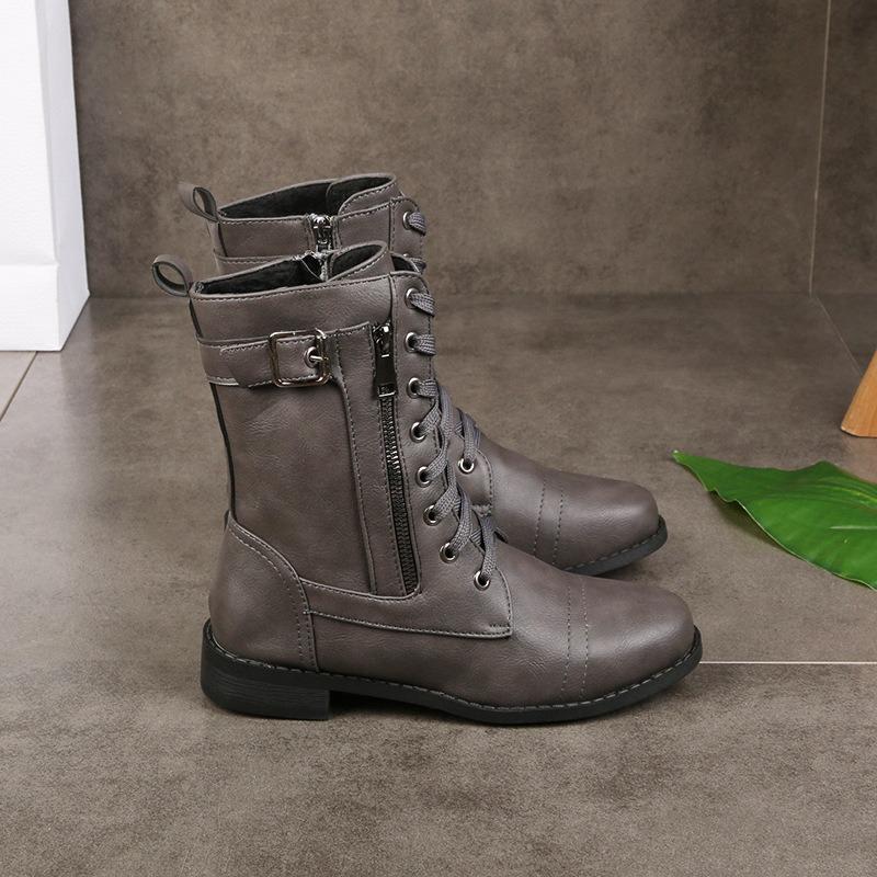 New European and American Large Size Round Head Thick Heel Strap Side Zipper Solid Color Low Tube Women's Martin Boots In Stock