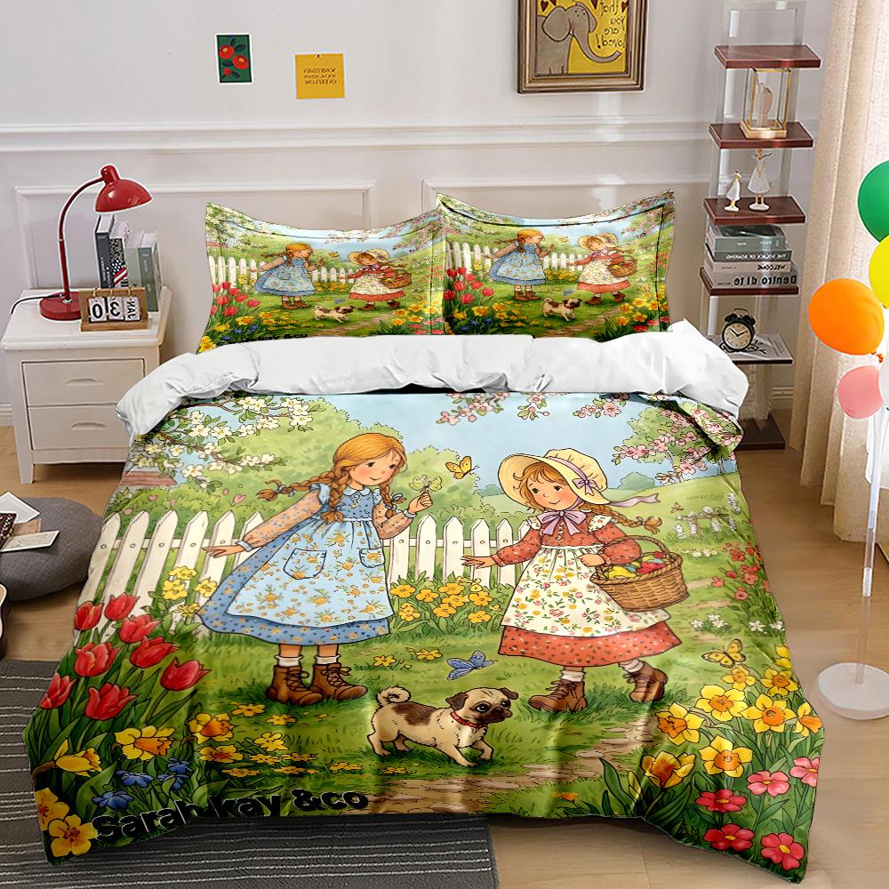 Girls Playing In Spring Garden Bedding Set for Kids Luxury Gift 3pcs Digital Print Comforter Set Soft Comfortable Breathable