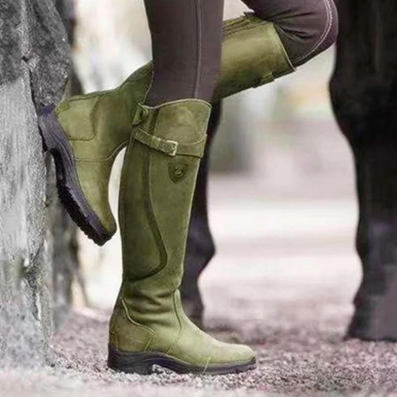 Mode Dames Herfst Winter Knielange Laarzen Vrouwelijk Geplooid Gesp Leren Laarzen Rits Platte Lange Laarzen Plus Size 35-43 Botas De Mujer