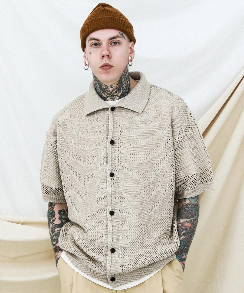 Stage Name Skeleton Short Sleeve Knit Shirt Cardigan_Sand Beige