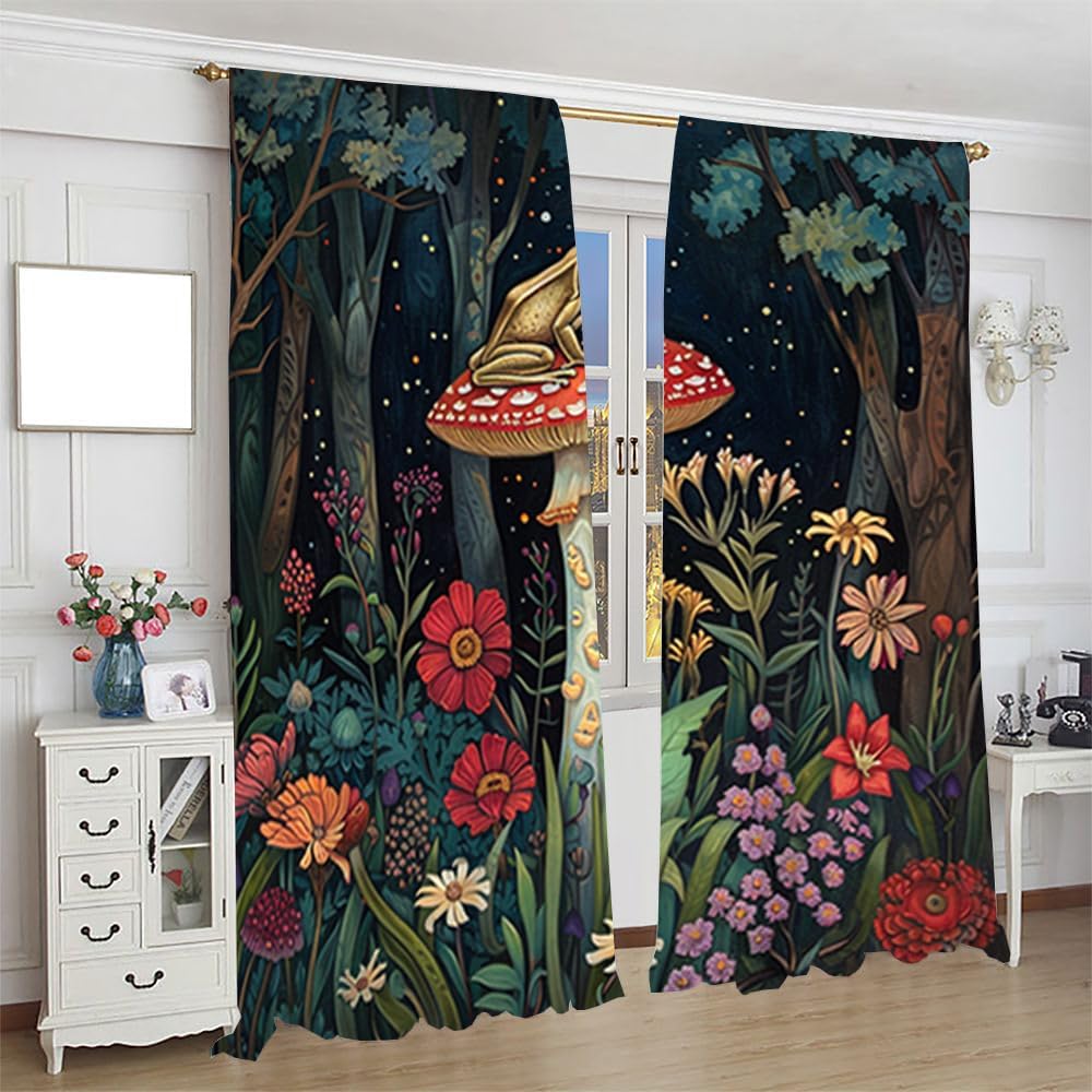 Light Blocking Vintage Mushroom Frog Curtains Watercolor Aesthetic Spring Forest Florals Animal Frogs Printed Perforated Curtai Curtain Rustic
