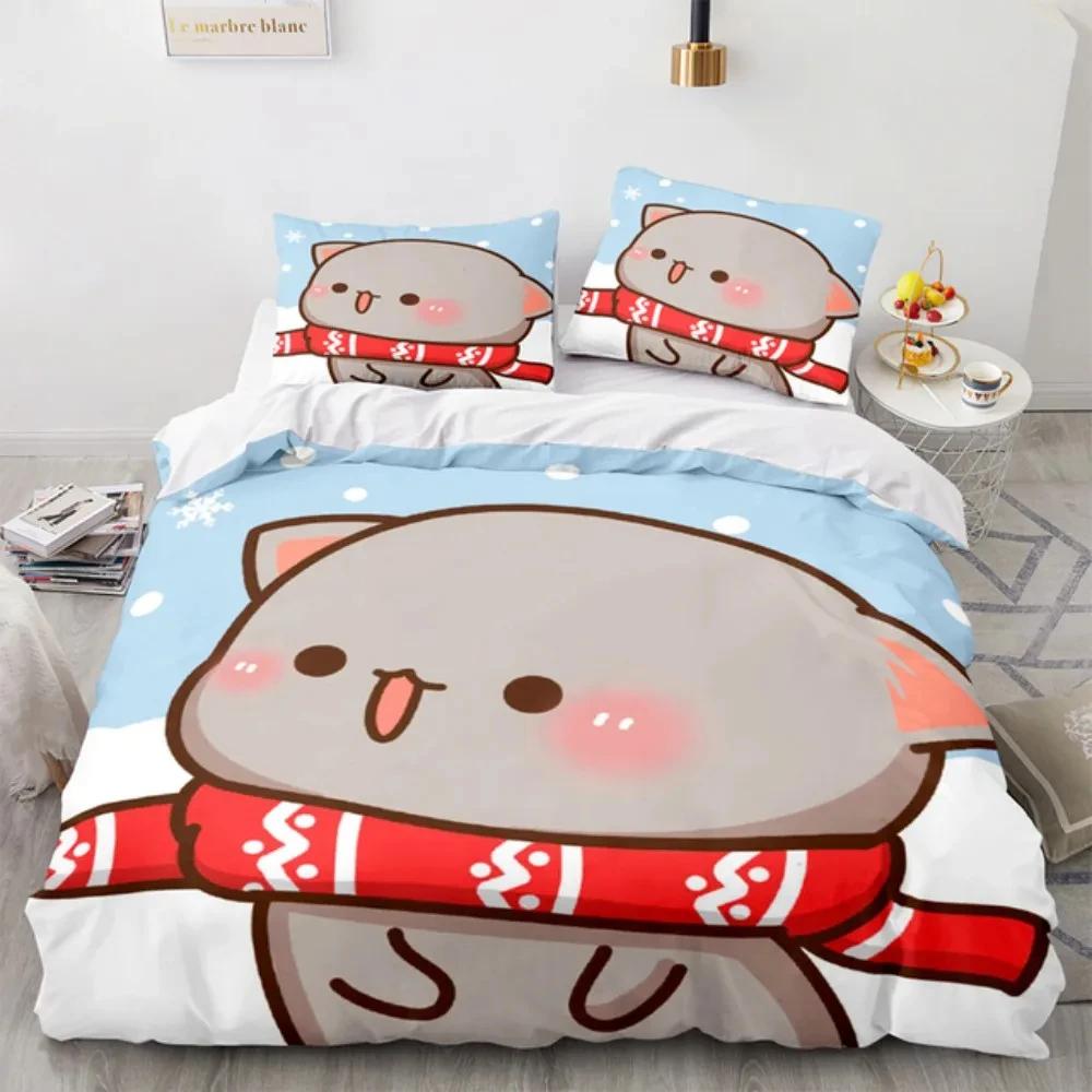 3D Cartoon Lovely Peach Cat Bedding Set Boys Girls Twin Queen Size Duvet Cover Pillowcase Bed Kids Adult Fashion Home Textiles