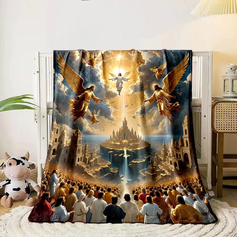 Opgestegen Jezus Engelen Heilige Stad Bedrukt Deken voor Woonkamer Bed Bank lunchpauze Zacht Gezellig Deken voor Vriend Festival Cadeau