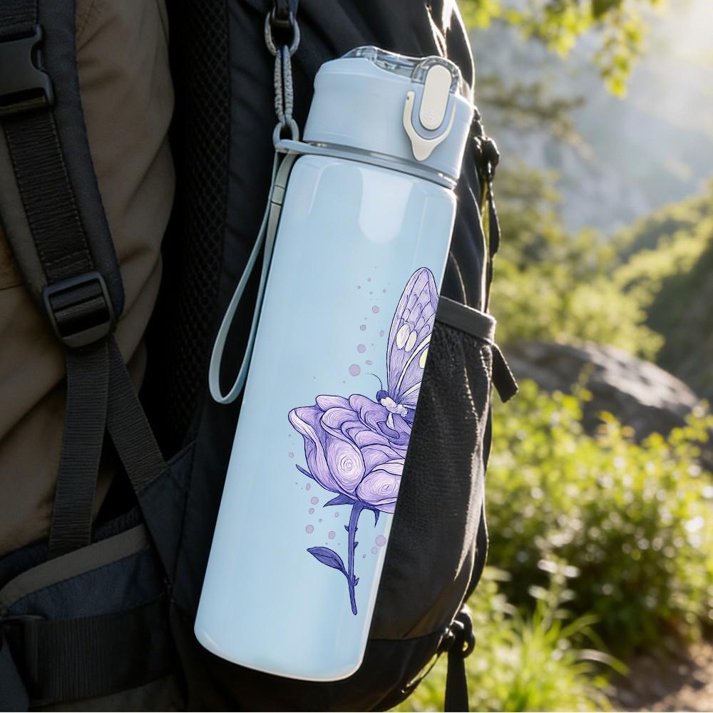 1PC Purple Butterfly Floral Line Art 750ml Color Plastic Sports Water Bottle Leakproof Flip Straw Lid Suitable for Sports Office Home Use
