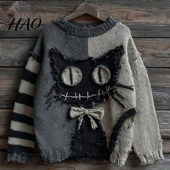 Layering Sweatshirt Halloween Spooky Face Sweater for Women Patchwork Print Knit Spring Autumn Winter Top Long Sleeve Crewneck Stitched Fall Outfit