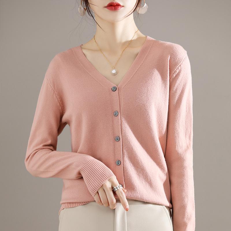 Autumn Winter Thin V Neck Knit Cardigan Women Solid Loose Long Sleeve Sweater Layer Top