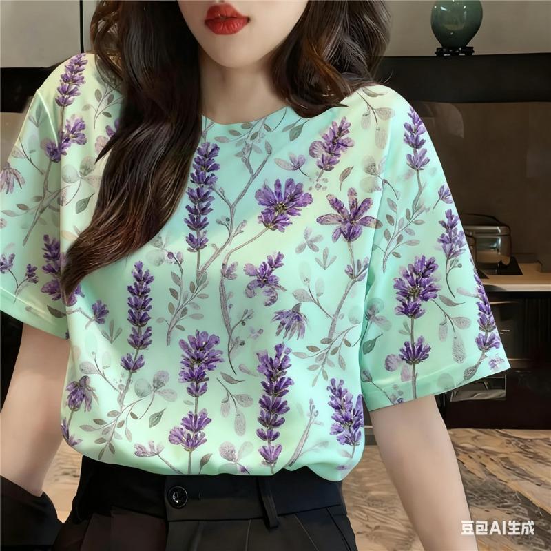 Women's T-shirt plant flower round neck short sleeved summer casual top