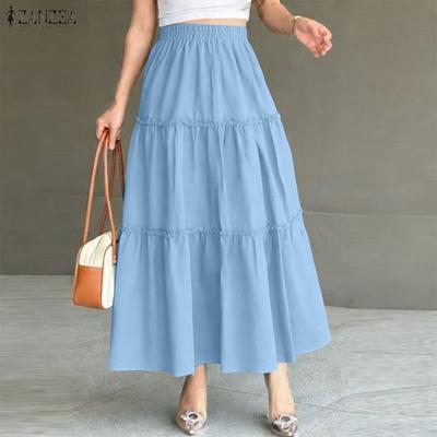 Women Casual Elastic Waist Solid Color Loose Long Skirts