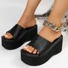 Plateau-Hausschuhe Damenmode Schwarze Keil-Hausschuhe aus Pu-Leder für Damen Neueste Sommerschuhe mit dicker Unterseite Slides Übergrößen-Sandalen