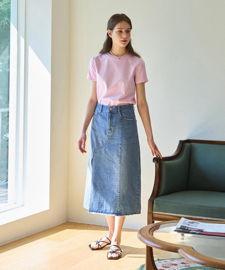 Deuloupisumeon Vertical Line Denim Long Skirt [Light Blue]