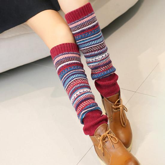 1 Par Estilo Étnico Estampa Listrada Punhos Canelados Altura do Joelho Aquecedores de Pernas de Tricô Outono Inverno Feminino Meias Quentes para Botas