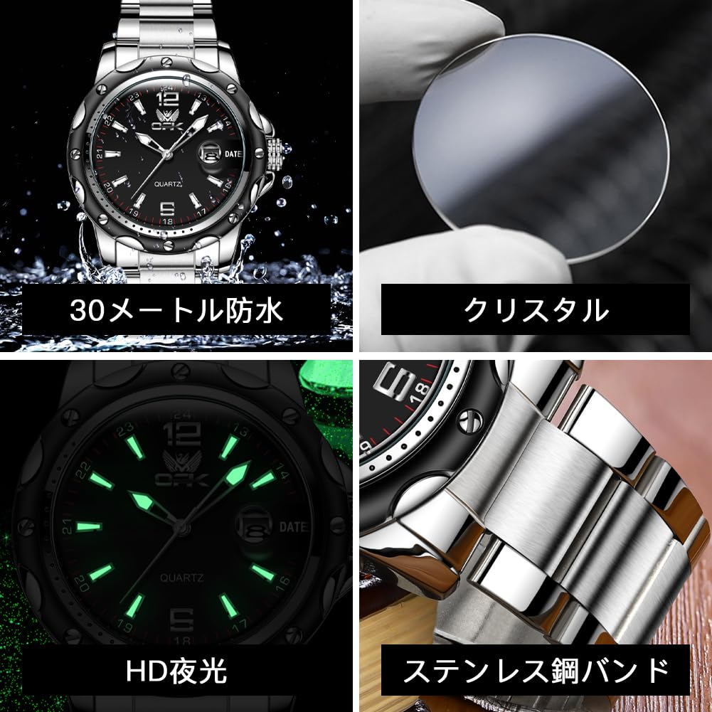 OPK Quartz Watch with Date Classic Stainless Steel Watch for or Office Black Men's Display, Waterproof, Luminous, Stylish, Easy-to-Read, Business,