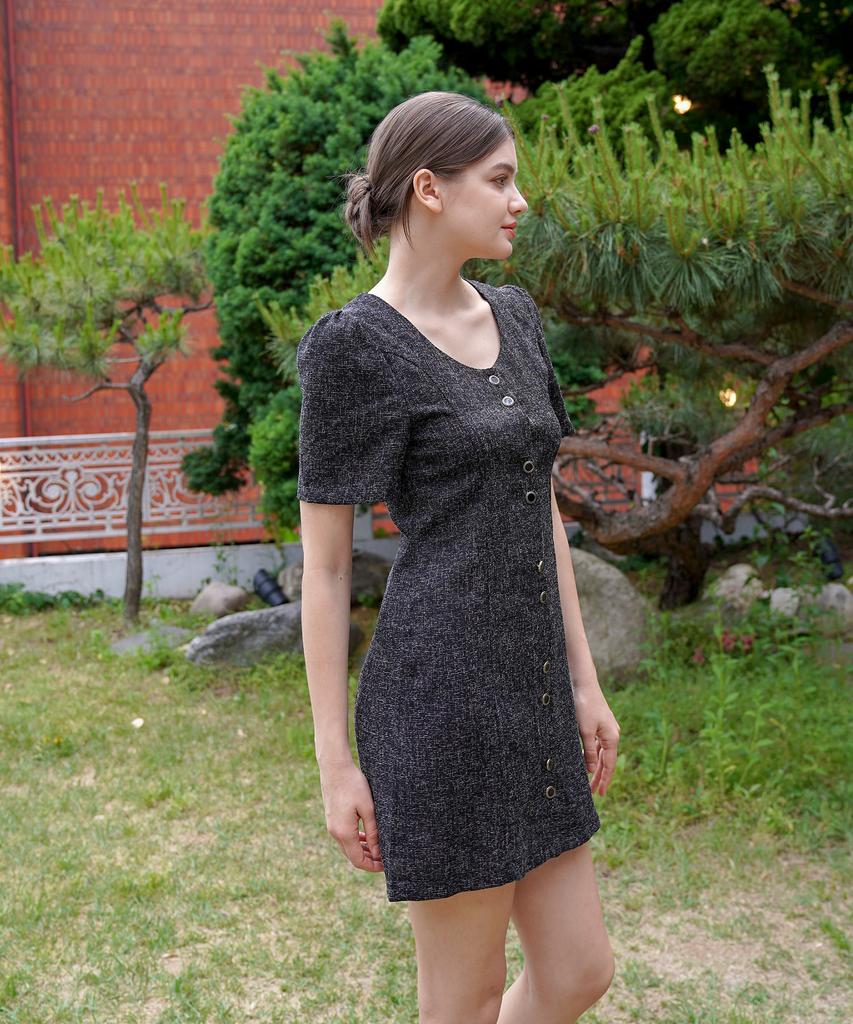Bye Bye Seop U-Neck Tweed Half Dress Black [T32]