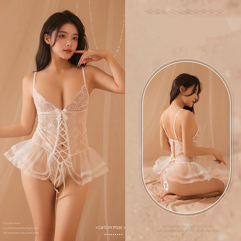 Sexy Lingerie Black Underwear Women Lace Hollow Bra Set Erotic Costume Teddy Baby Doll Dress Deep V Open Bra Porn Lingerie Set