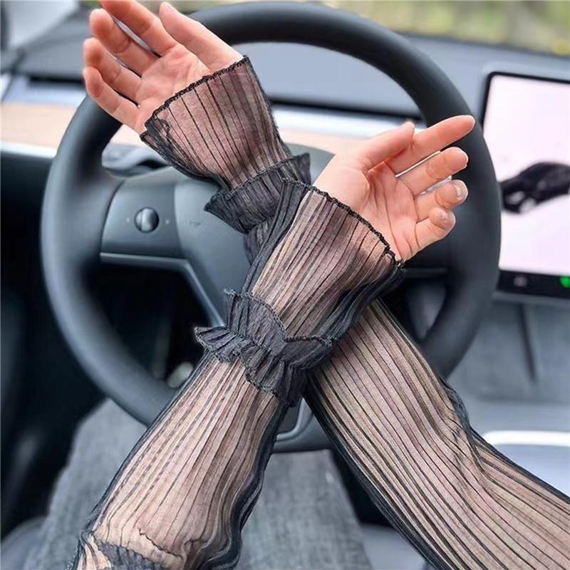 Women's Mesh Sheer Ruched Arm Sleeves Ruffle Hem Fingerless Gloves Costume Accessories Tulle Lace Sleeves