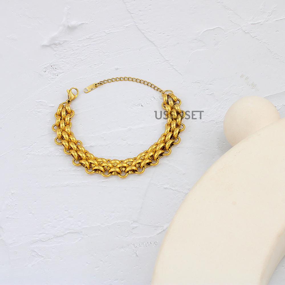18K Guldpläterad Titanstål Flätat Halsband Armband - Dam Kryssband Hip Hop Nyckelbenskedja med Vakuumfärgbevaring