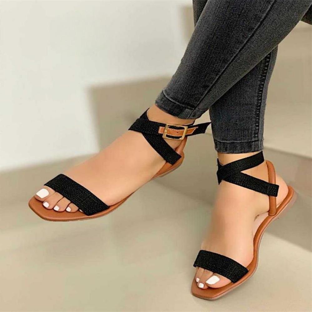 Summer New Fashion Ankle Wrap Outdoor Beach Comfortable Peep Toe Solid Color Sandals Women Shoes