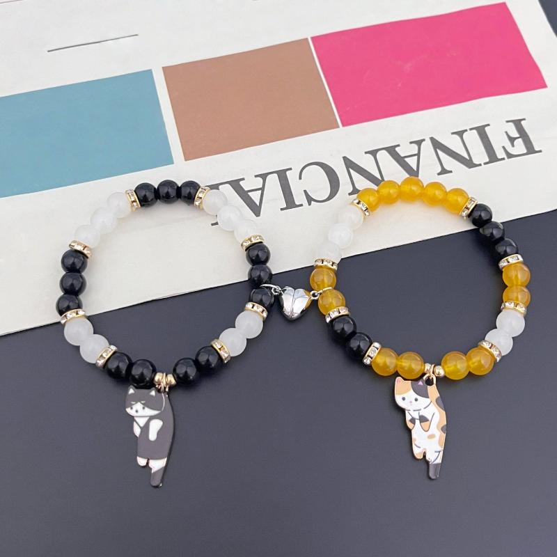 Magnetic Couple Bracelets 2Pcs Matching Cat Pendant Handmade Friendship Jewelry Adjustable Rope Gift for Lovers Girls